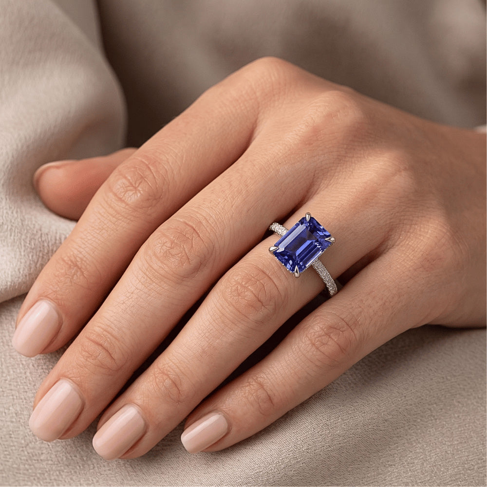 Pave Set Natural Earth Mined Diamond Ring Emerald Ceylon Sapphire White Gold 3.50 Carats