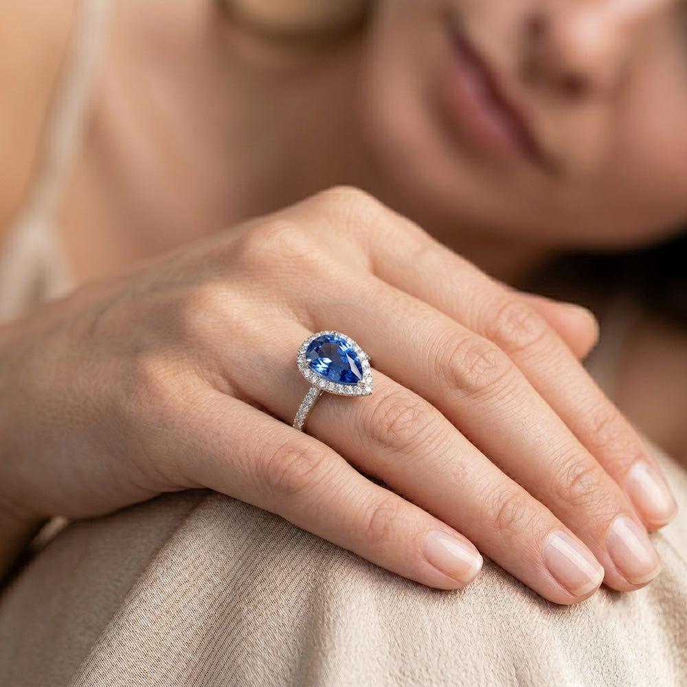 Pear Blue Sapphire Natural Earth Mined Diamond Halo Ring 4.50 Carats Genuine Gold New