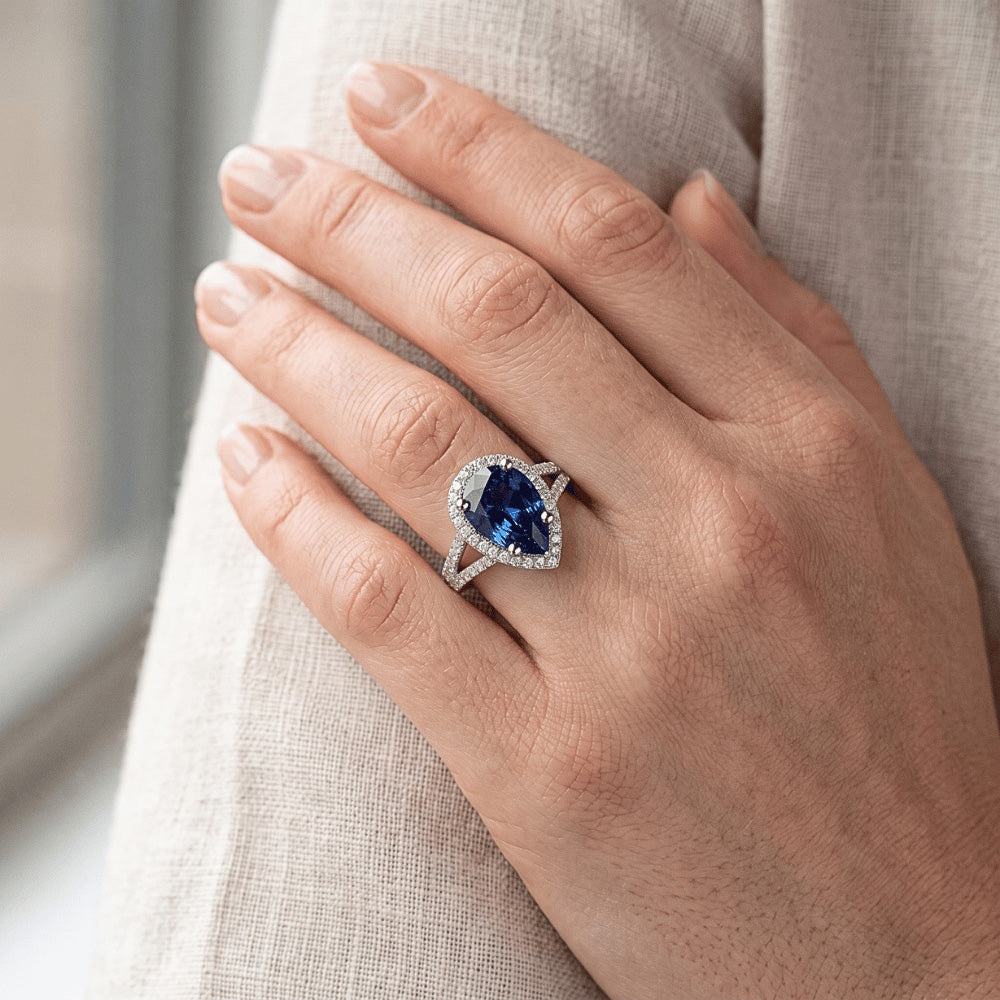 Pear Cut Sri Lankan Sapphire And Round Natural Earth Mined Diamonds 4 Carats Ring