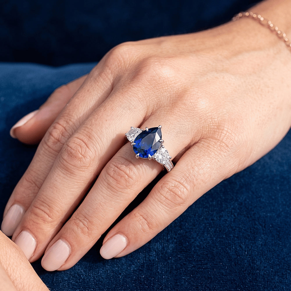 Pear Sapphire Gemstone Ring With Accents Round Natural Earth Mined Diamonds 3.50 Carats