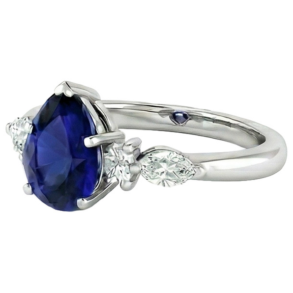 Pear Solitaire Ring Blue Sapphire With Natural Earth Mined Diamonds Accents 3.50 Carats