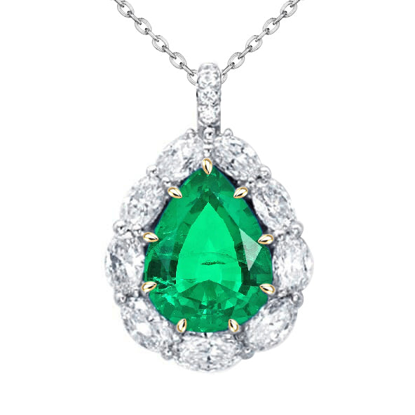 Pear Cut Green Emerald Pendant Halo Diamond Accented