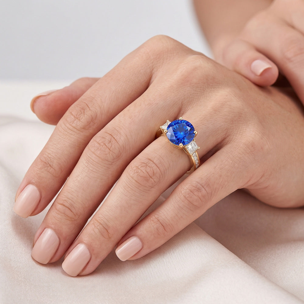 Princess Natural Earth Mined Diamond & Round Blue Sapphire Ring 3.50 Carats Channel Set