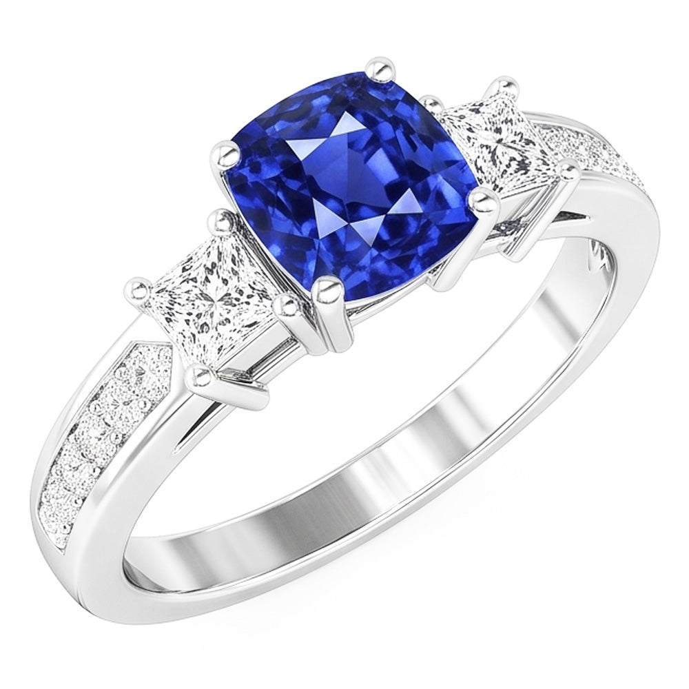 Princess & Round Natural Earth Mined Diamond Cushion Sapphire Ring Jewelry 3.50 Carats