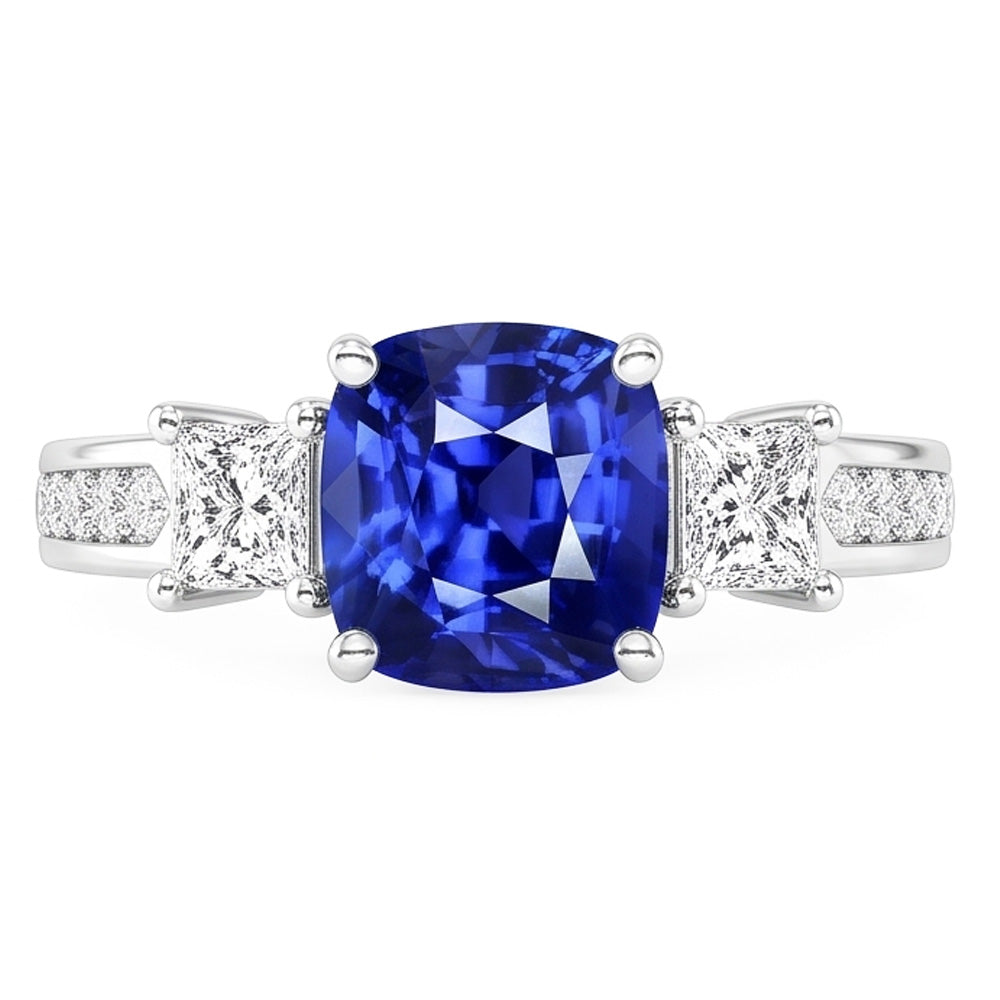 Princess & Round Natural Earth Mined Diamond Cushion Sapphire Ring Jewelry 3.50 Carats
