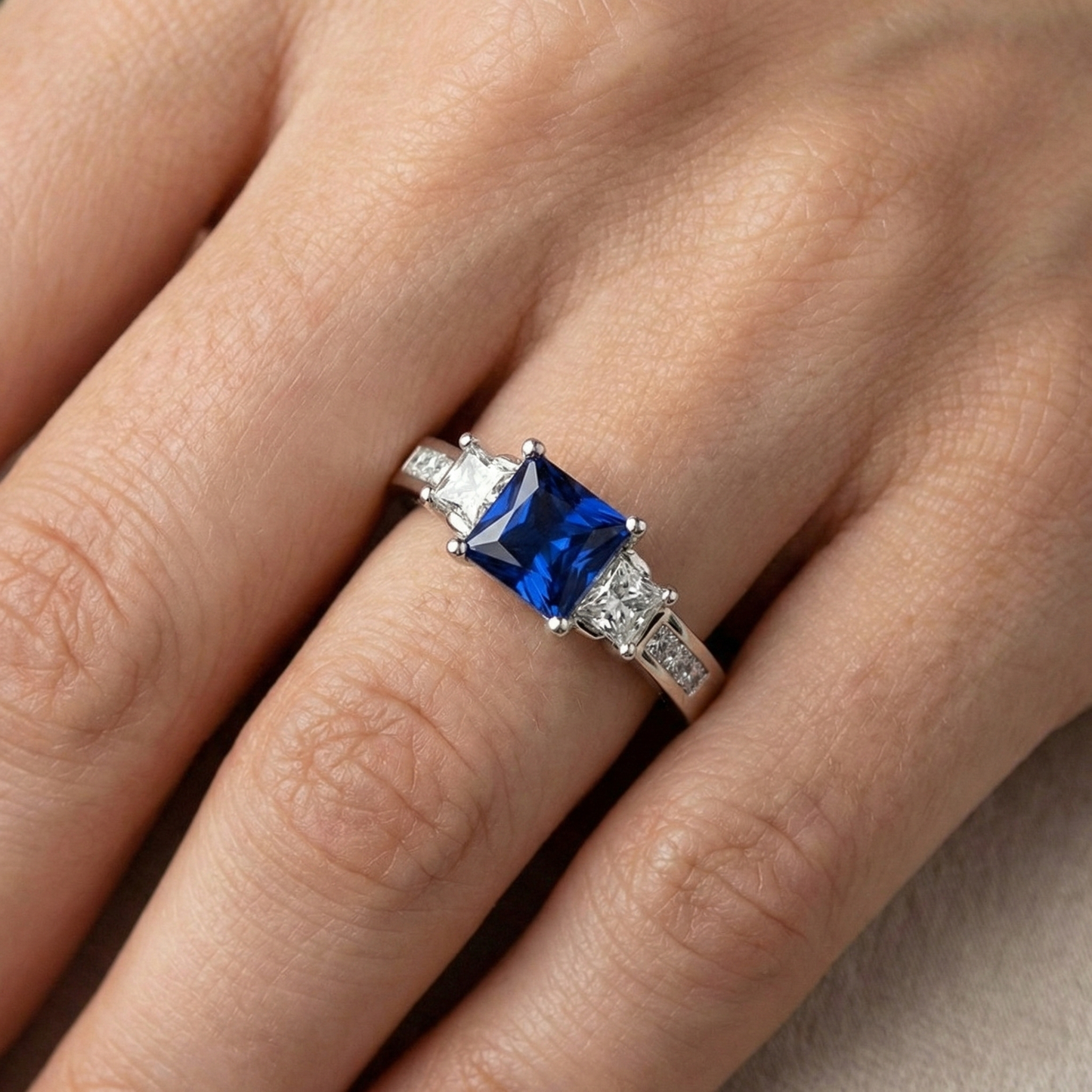 Princess Cut 2.85 Ct Sapphire And Natural Earth Mined Diamonds Wedding Ring White Gold 14K