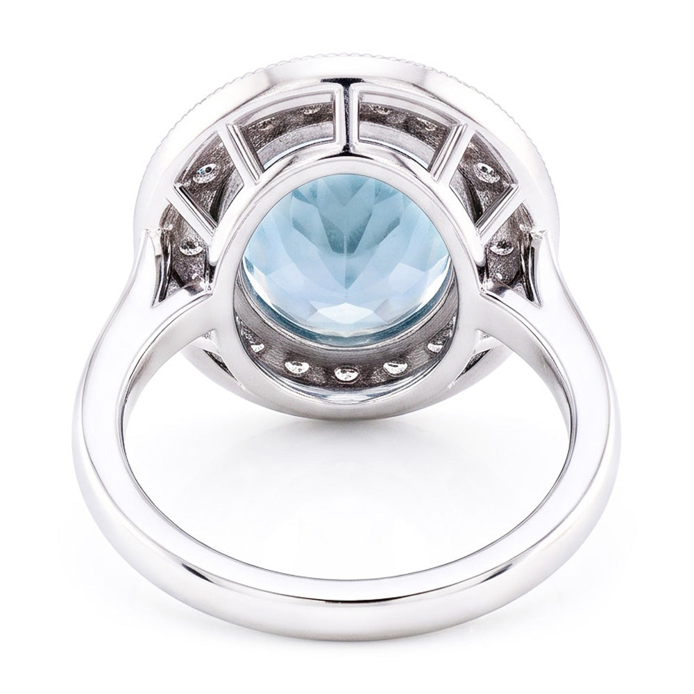 Prong Set 11 Ct Round Aquamarine And Natural Earth Mined Diamonds Ring White Gold 14K