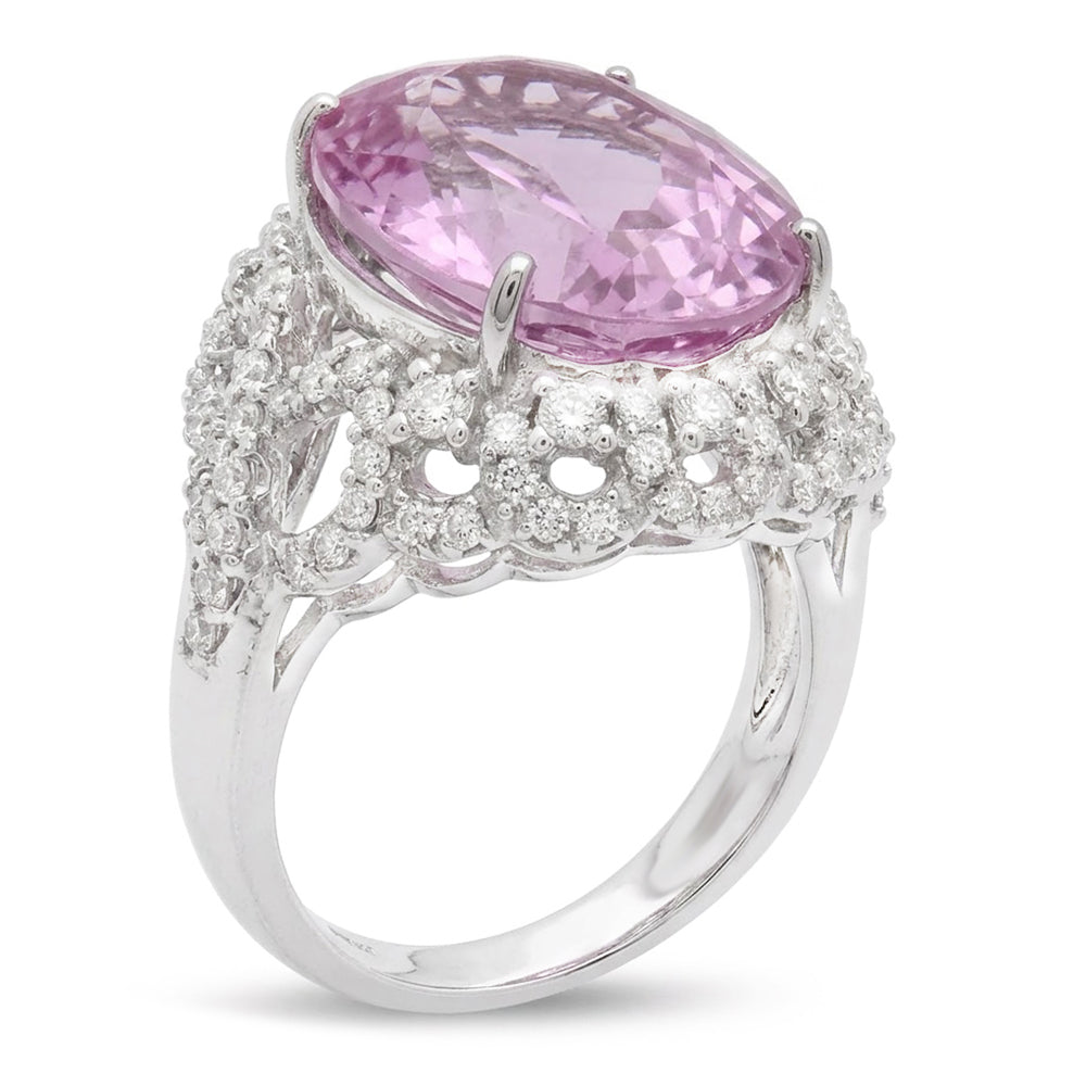 Prong Set 36.75 Ct Pink Kunzite With Natural Earth Mined Diamonds Ring White Gold 14K