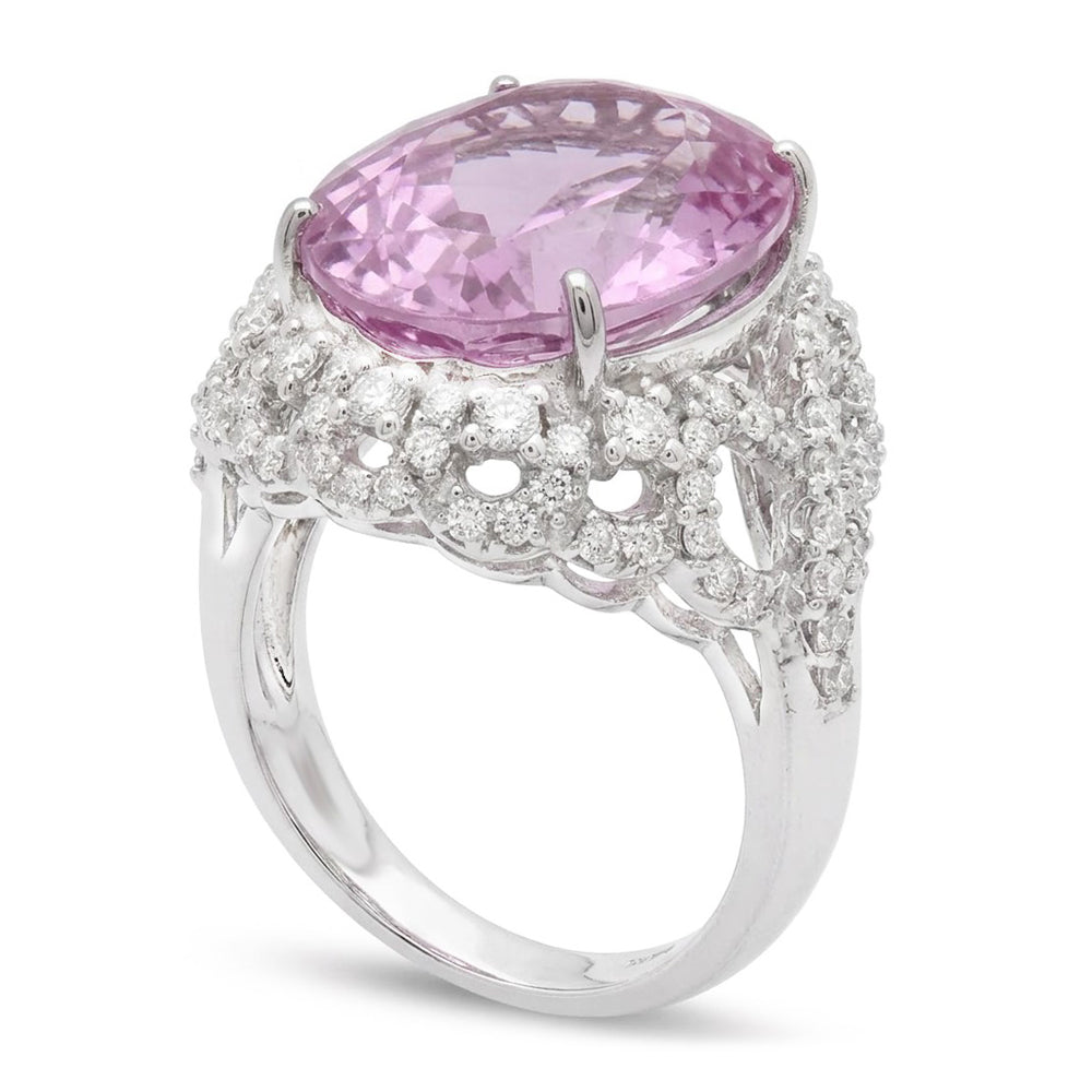 Prong Set 36.75 Ct Pink Kunzite With Natural Earth Mined Diamonds Ring White Gold 14K