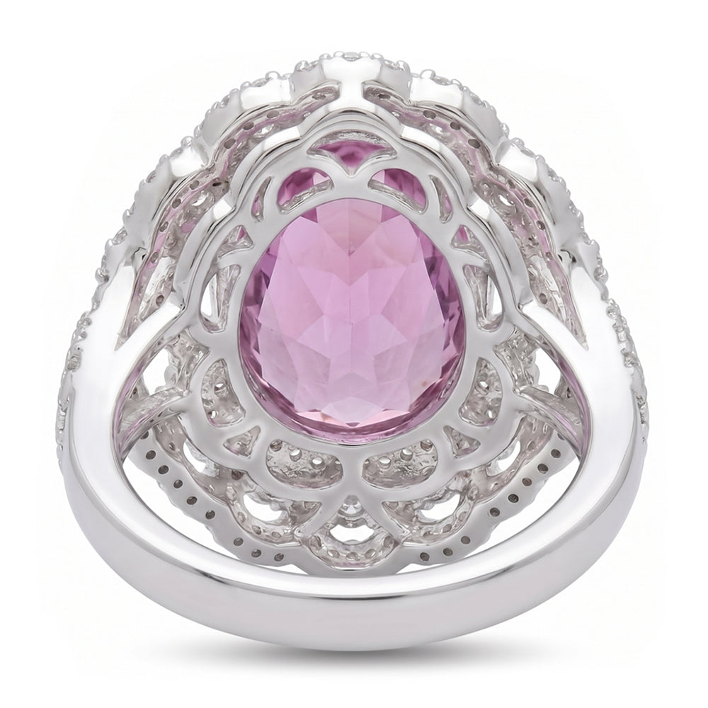 Prong Set 36.75 Ct Pink Kunzite With Natural Earth Mined Diamonds Ring White Gold 14K