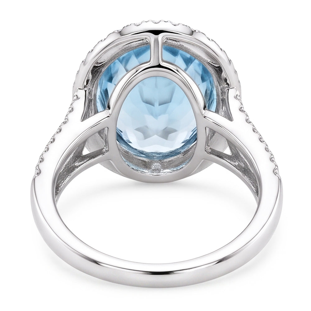 Prong Set Oval Cut 12 Ct Aquamarine And Natural Earth Mined Diamonds Ring Gold White