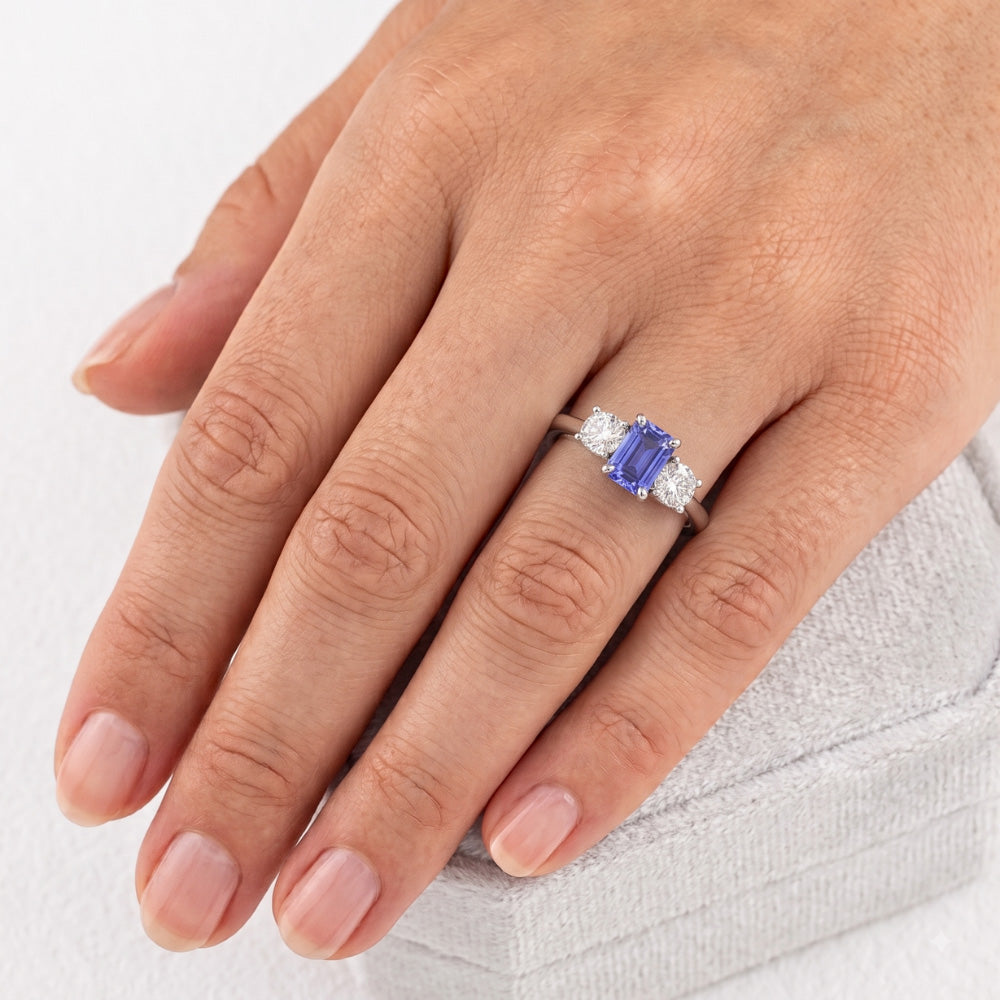 Radiant 3 Stone Blue Sapphire Ring 1.25 Carats Small Round Natural Earth Mined Diamonds