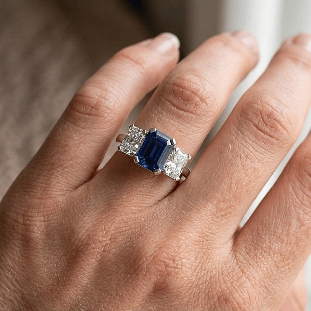 Radiant Natural Earth Mined Diamond Jewelry Emerald Blue Sapphire 3 Stone Ring 3 Carats