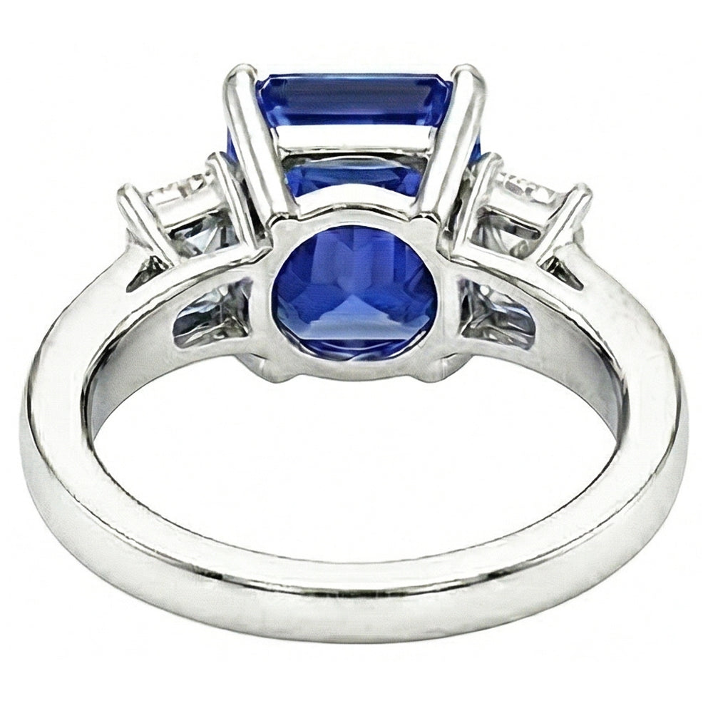 Radiant Natural Earth Mined Diamond Three Stone Ceylon Sapphire Ladies Ring 1.75 Carats