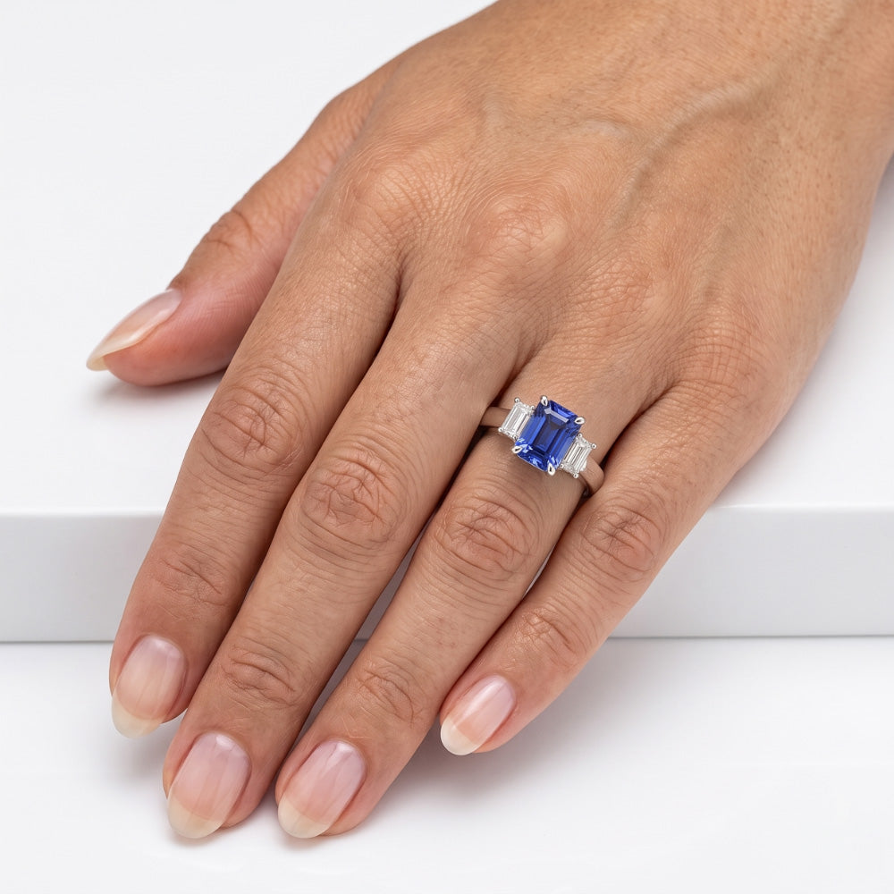 Radiant Natural Earth Mined Diamond Three Stone Ceylon Sapphire Ladies Ring 1.75 Carats