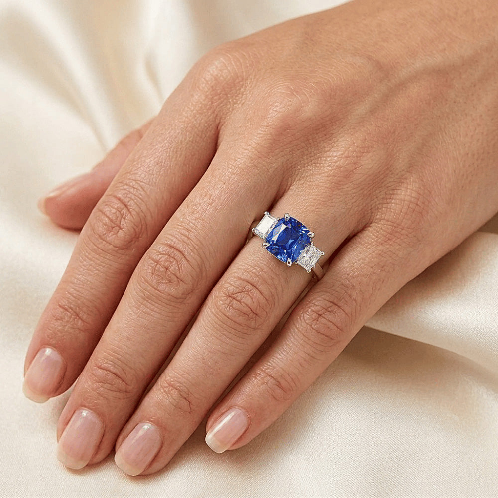 Radiant Natural Earth Mined Diamond & Blue sapphire Ring 3 Stone Gemstone Jewelry 2 Carats