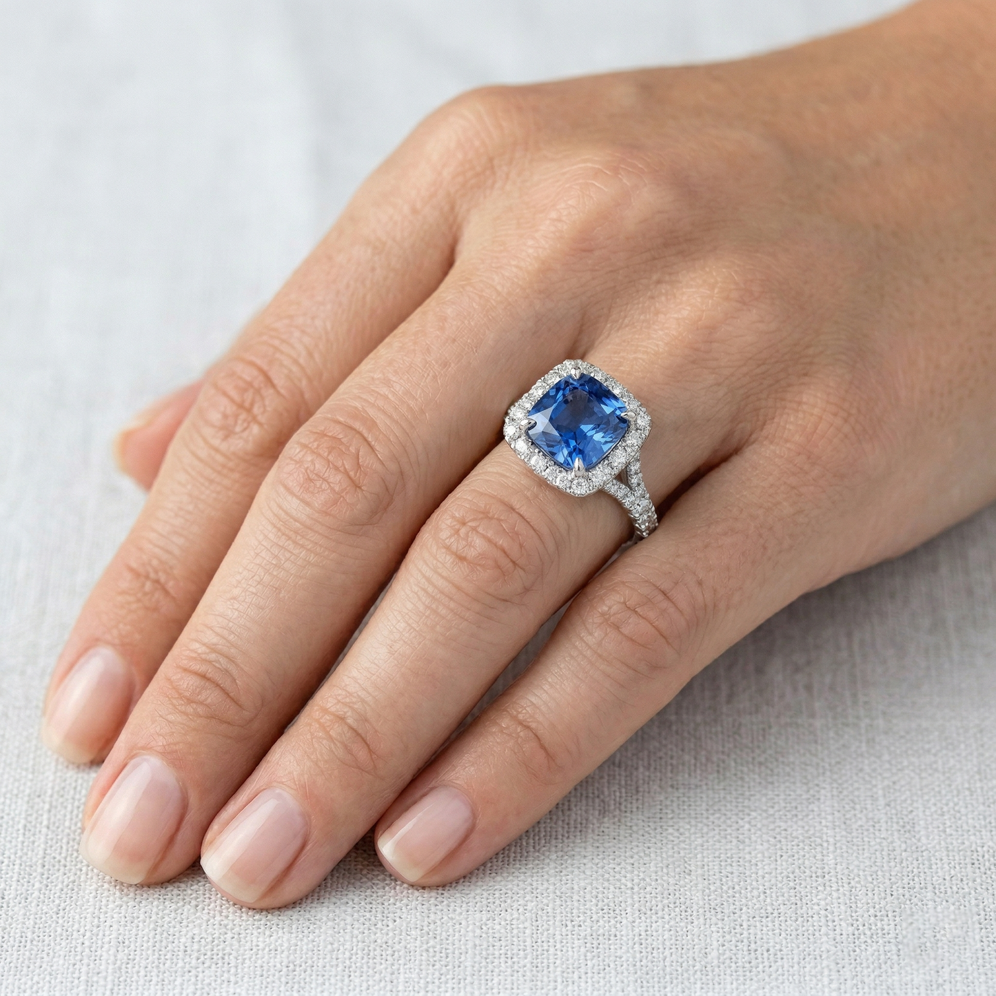 Radiant Cut Ceylon Sapphire & Round Natural Earth Mined Diamond Ring 3 Ct. White Gold 14K