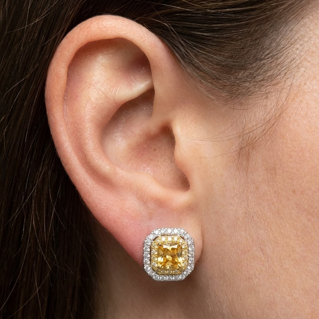 Radiant Cut Yellow Madeira Citrine Halo Natural Earth Mined Diamond Stud Earrings 20 Ct