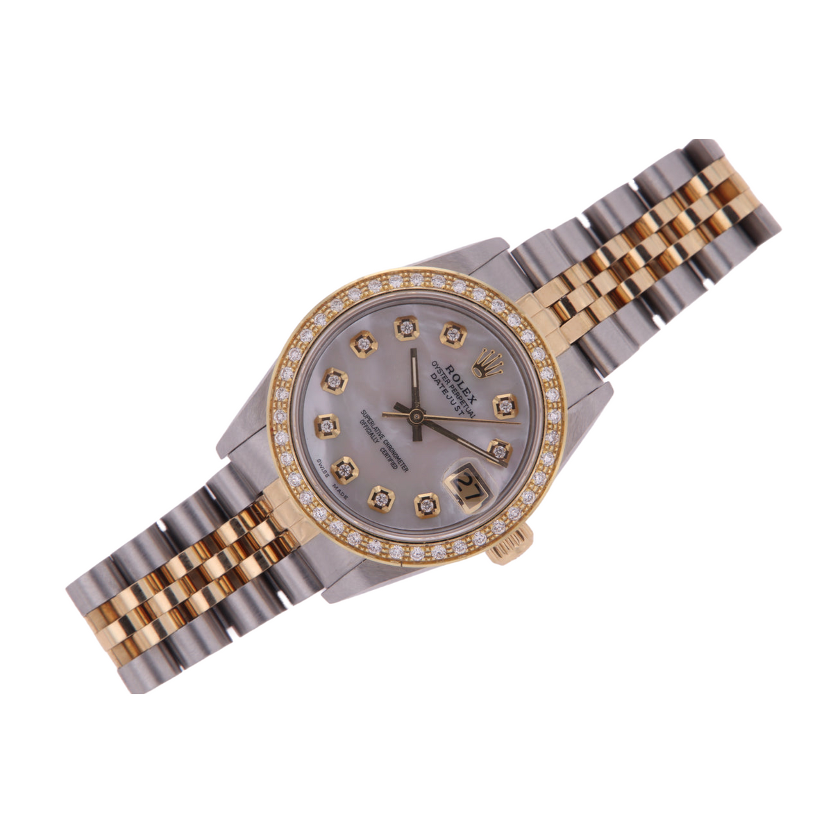 Rolex Datejust Midsize 31 mm Grey Mother of Pearl Diamond Dial Diamond Bezel Jubilee Bracelet Watch Ss & Gold