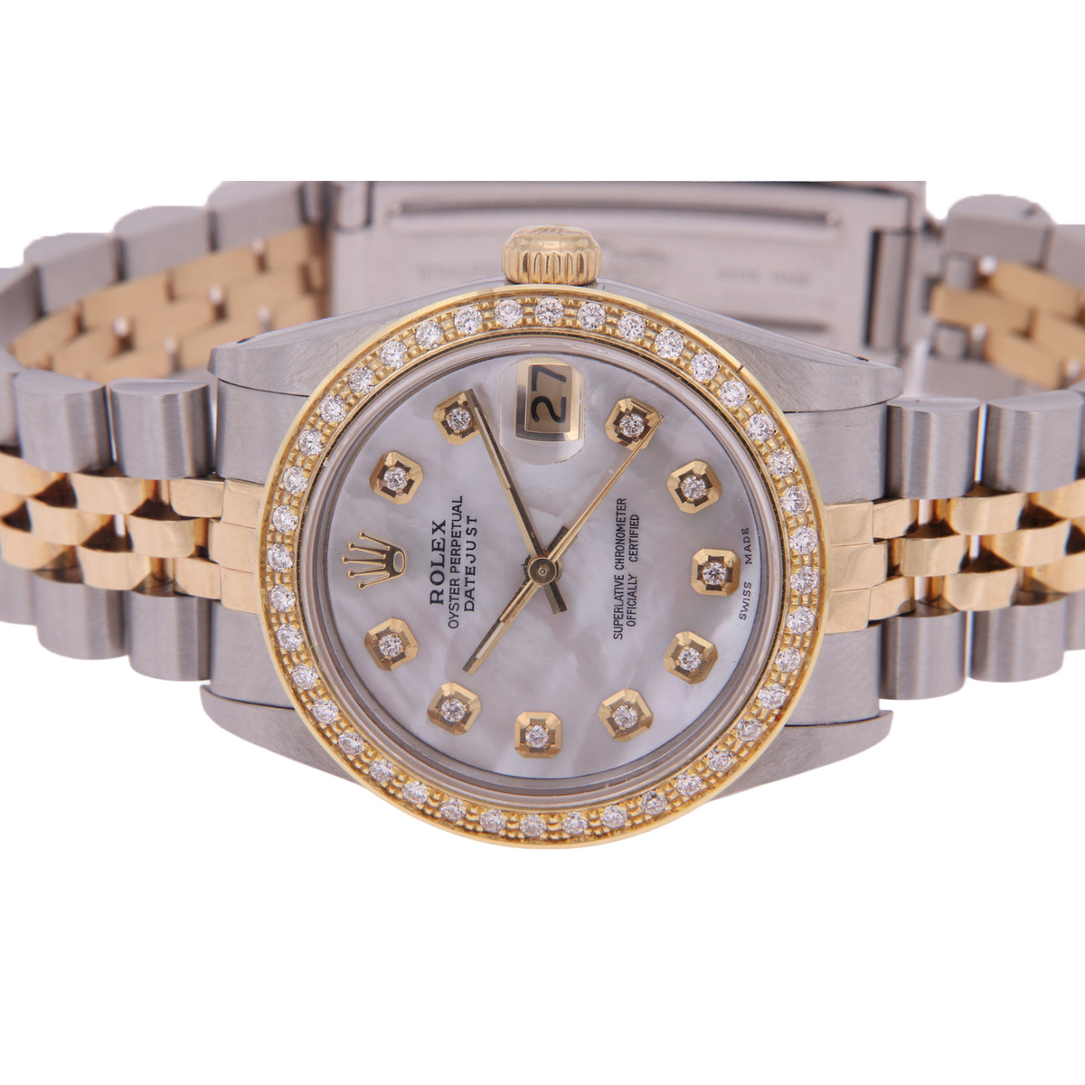 Rolex Datejust Midsize 31 mm Grey Mother of Pearl Diamond Dial Diamond Bezel Jubilee Bracelet Watch Ss & Gold