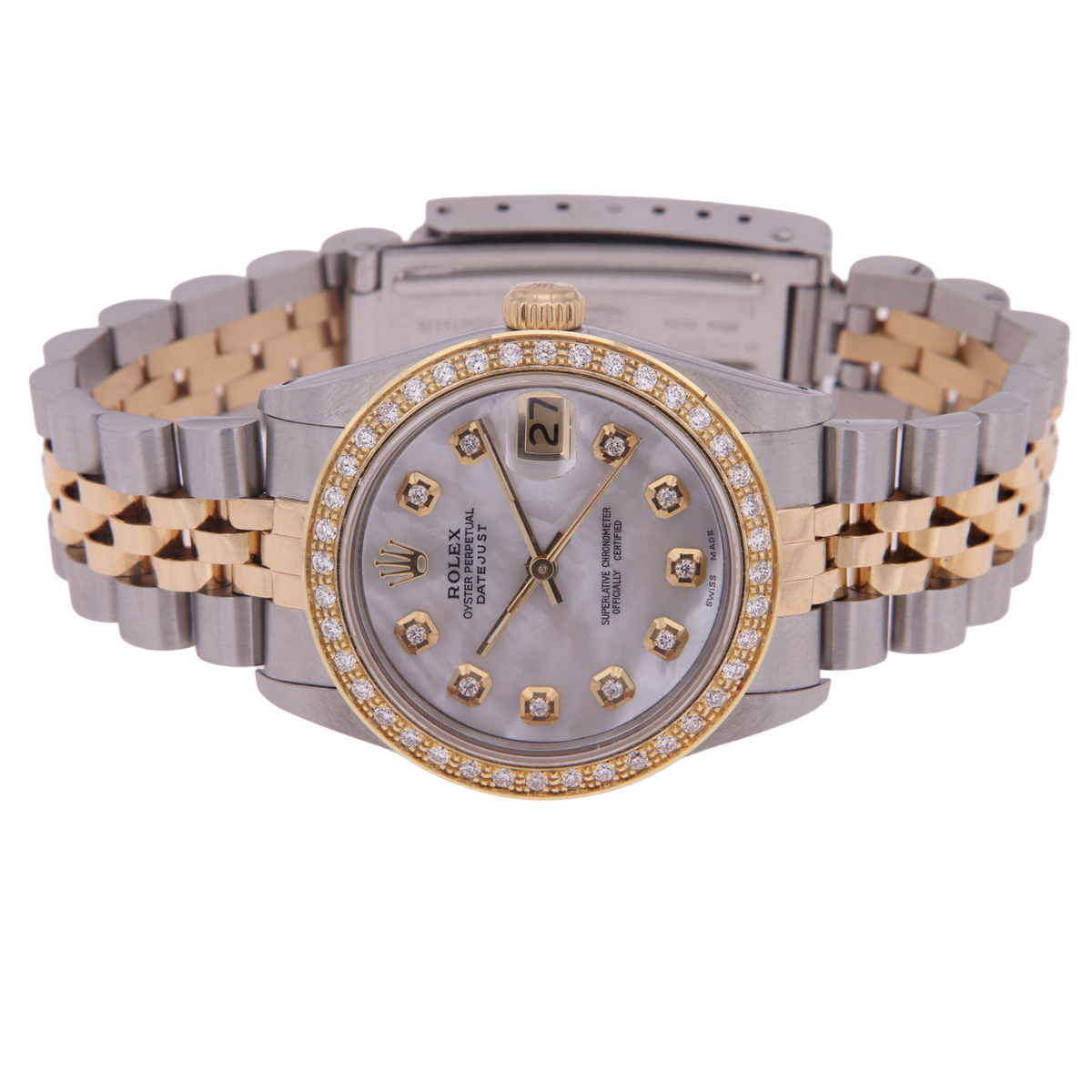 Rolex Datejust Midsize 31 mm Grey Mother of Pearl Diamond Dial Diamond Bezel Jubilee Bracelet Watch Ss & Gold