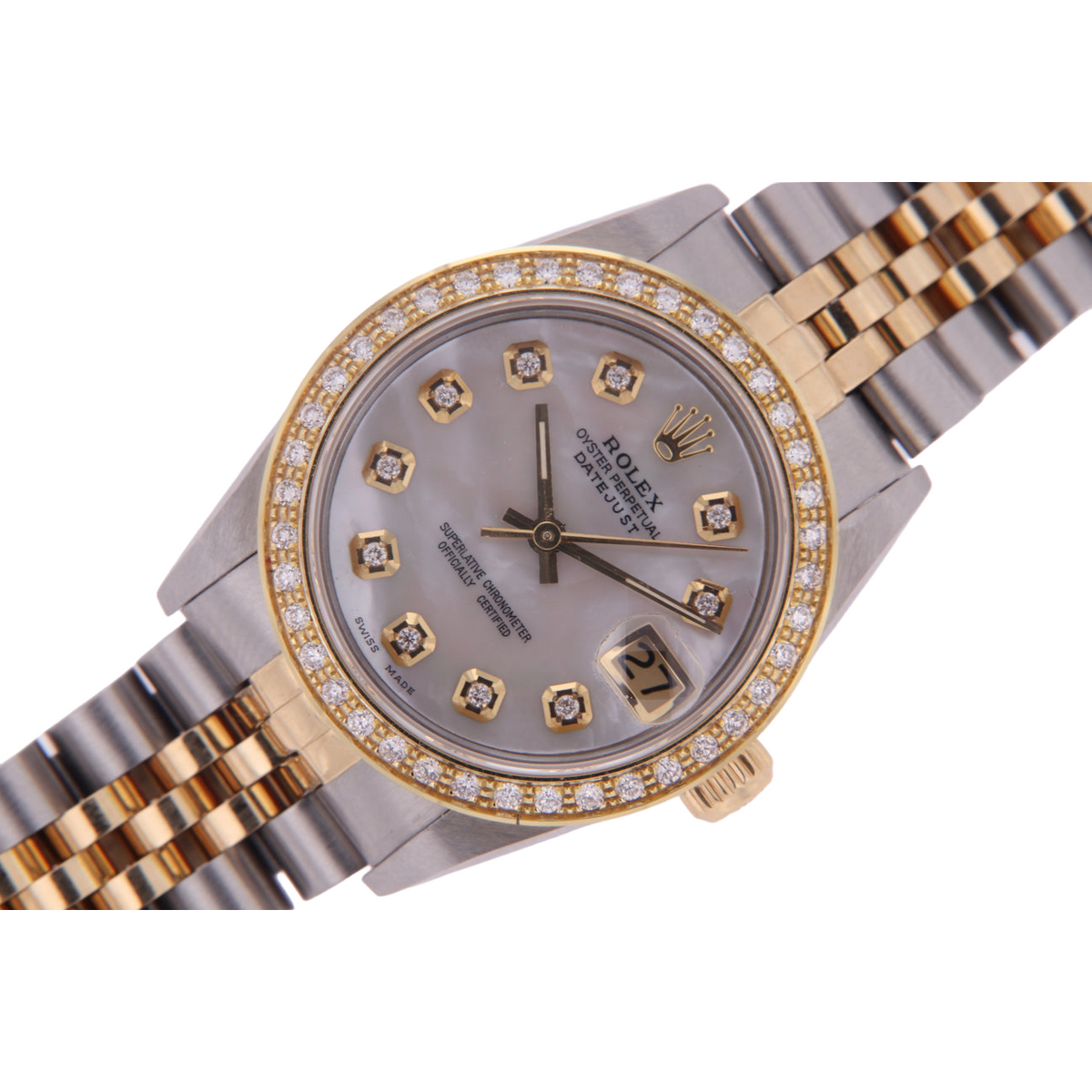 Rolex Datejust Midsize 31 mm Grey Mother of Pearl Diamond Dial Diamond Bezel Jubilee Bracelet Watch Ss & Gold