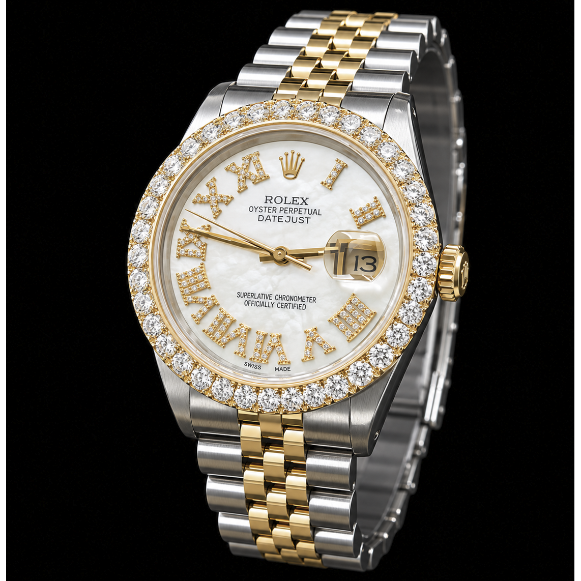 Rolex Datejust 16013 36mm White Mother of Pearl Roman Diamond Dial Two Tone Watch