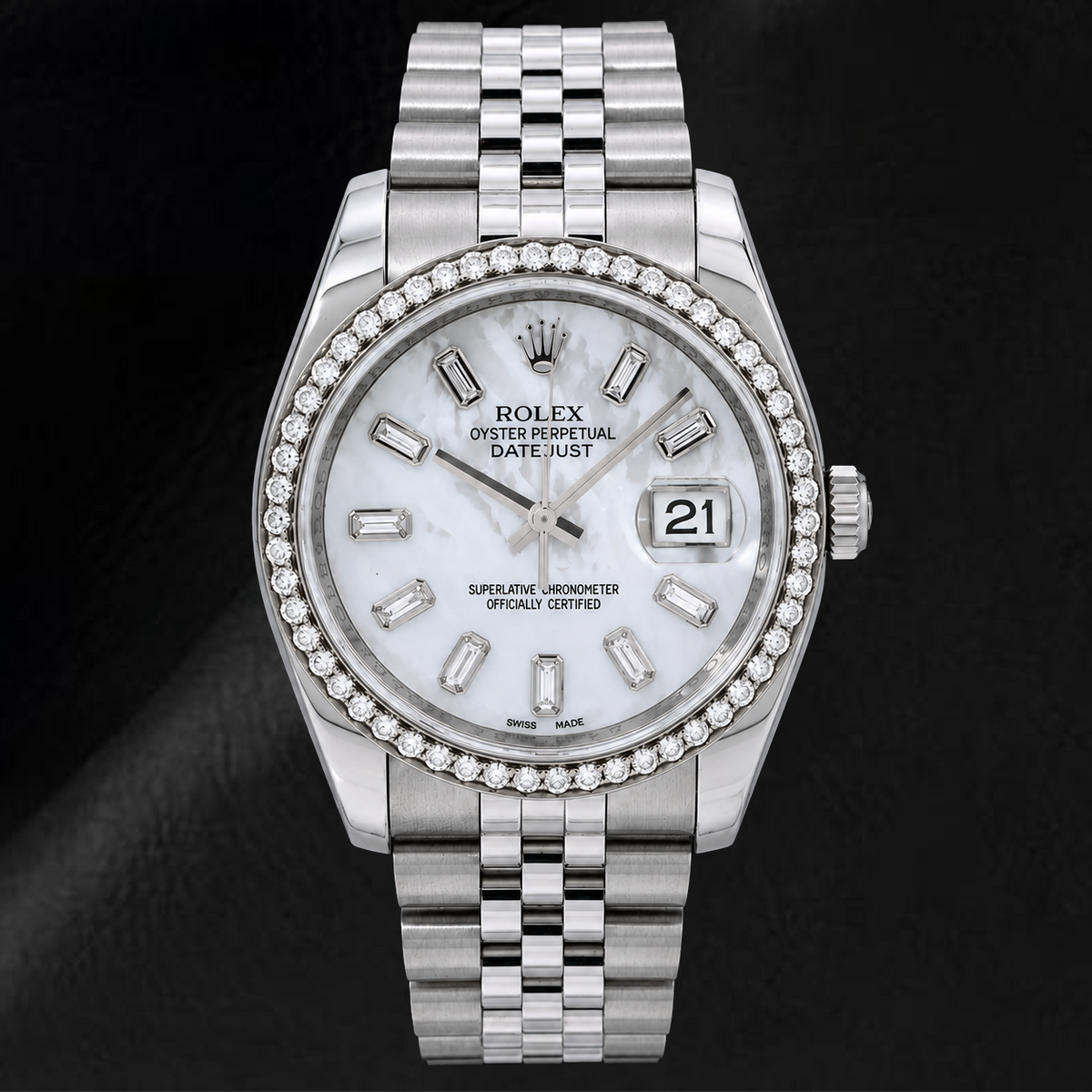 Rolex Datejust 36mm 116200 White Mother of Pearl Baguette Diamond Dial Diamond Bezel Jubilee Bracelet Watch