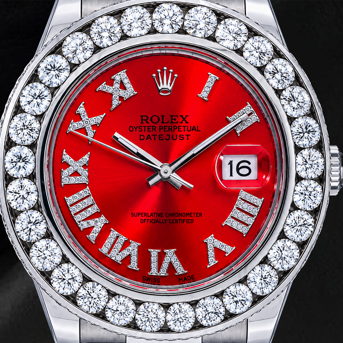 Rolex Datejust 41mm 116300 Red Roman Diamond Dial Diamond Bezel Watch