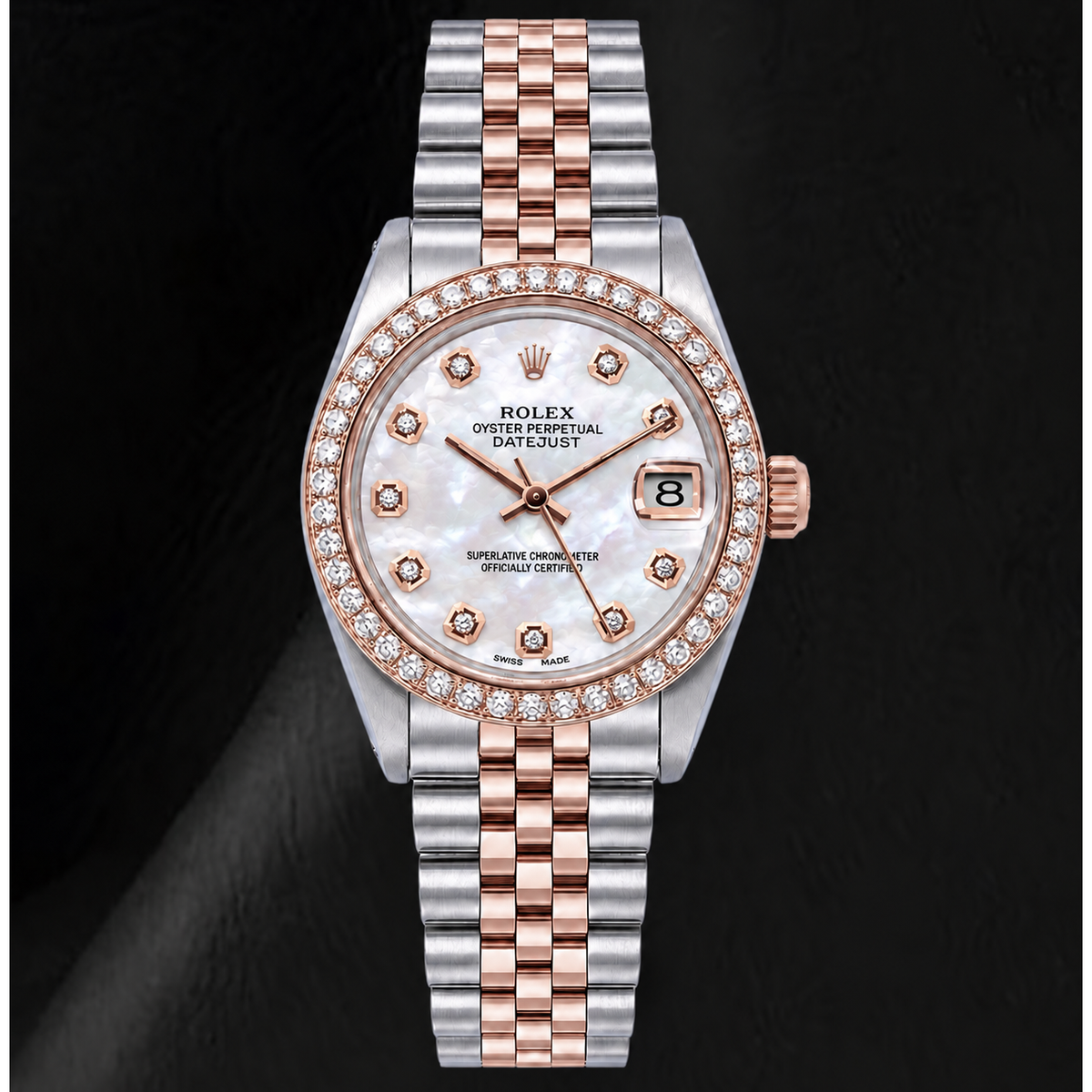 Rolex 31mm White Mother Of Pearl Diamond Dial Two Tone Watch