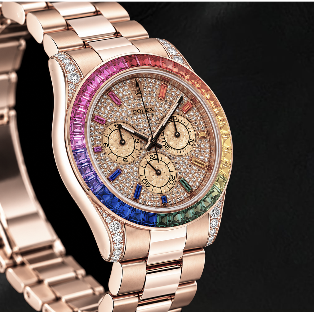 Rolex Cosmograph Daytona 40mm 116505 Diamond Paved Rainbow Hour Dial Rose Gold Watch