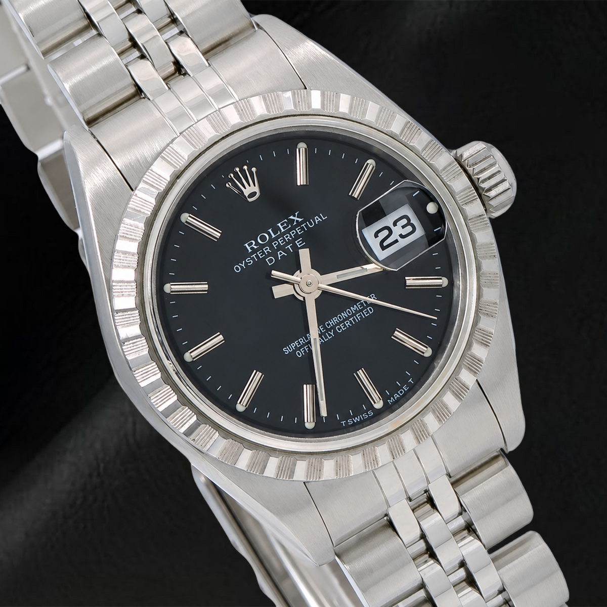 Rolex Date 6924 26mm Black Stick Dial Stainless Steel Jubilee Bracelet Watch