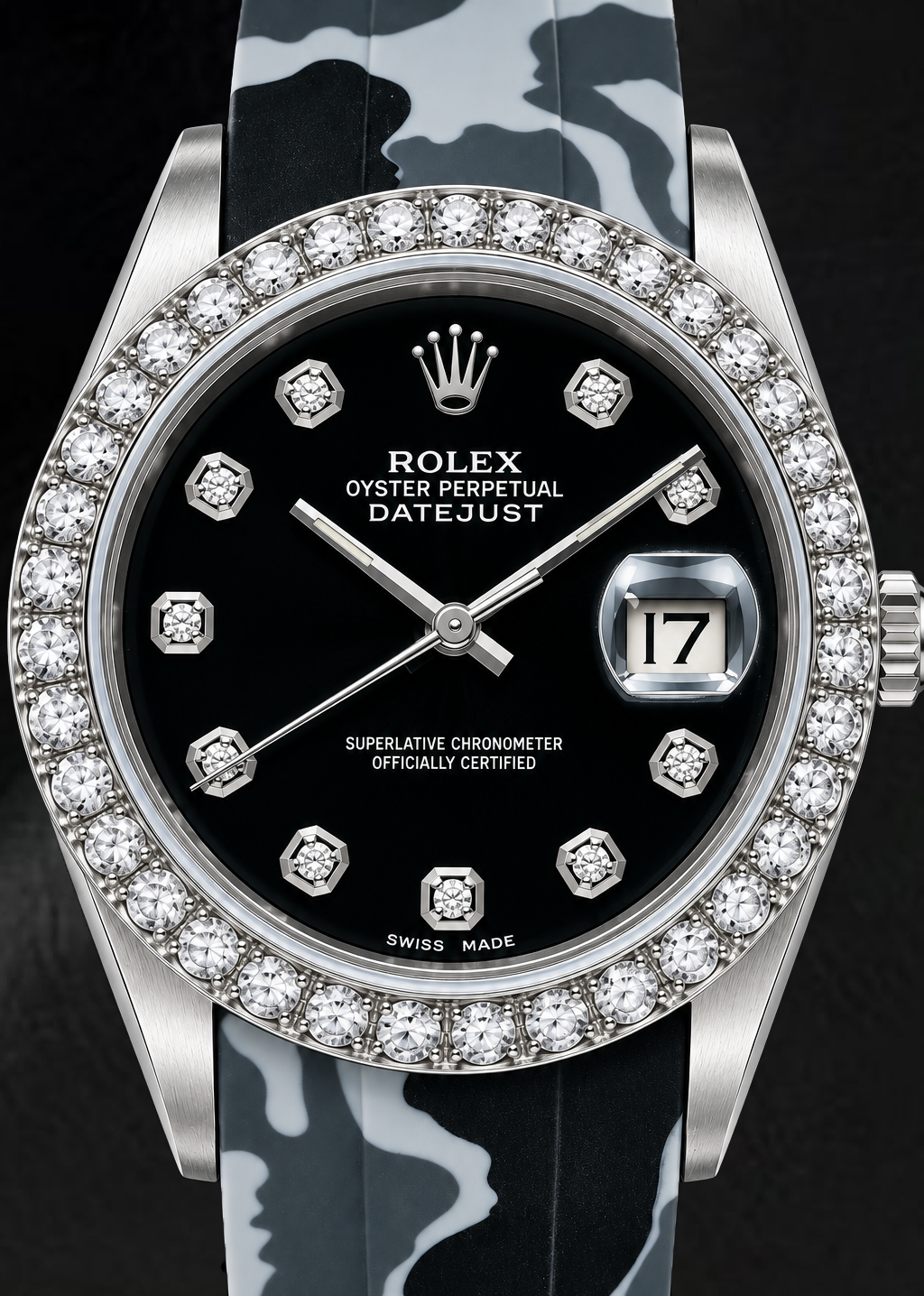 Rolex Datejust 16014 36mm Black Diamond Dial Gray Camo Rubber Strap Watch
