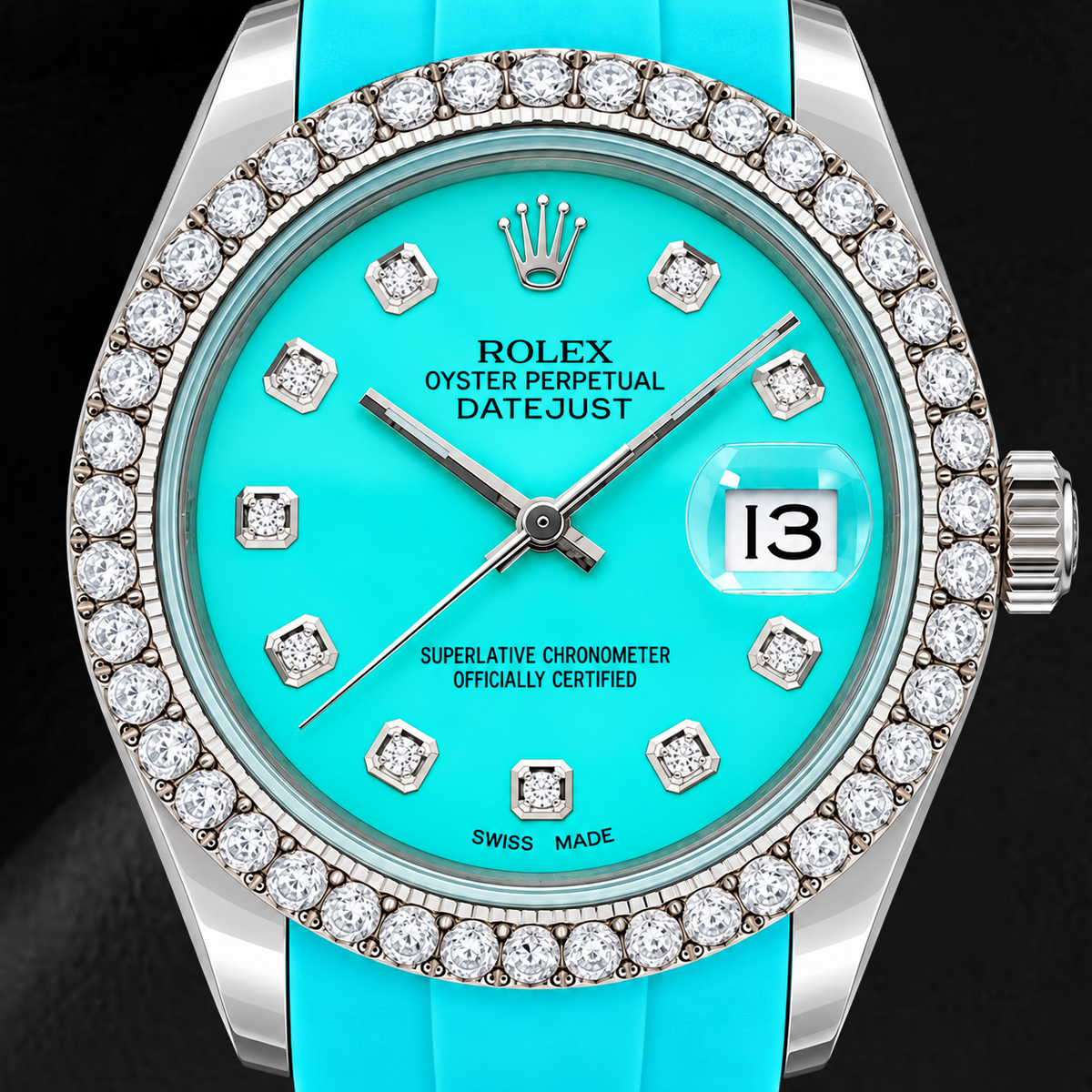 Rolex Datejust 16014 36mm Turquoise Diamond Dial Blue Rubber Strap Watch