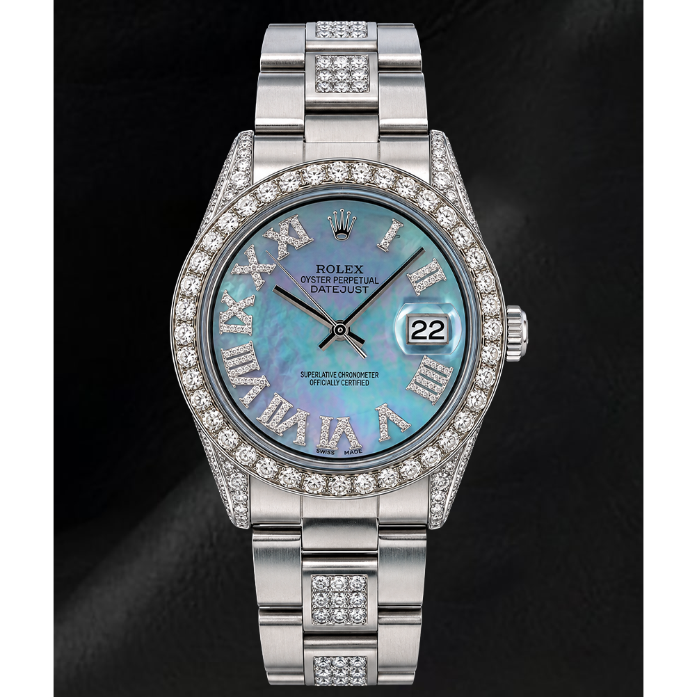 Rolex Datejust 36mm 1601 Blue Mother of Pearl Roman Diamond Dial Stainless Steel Watch