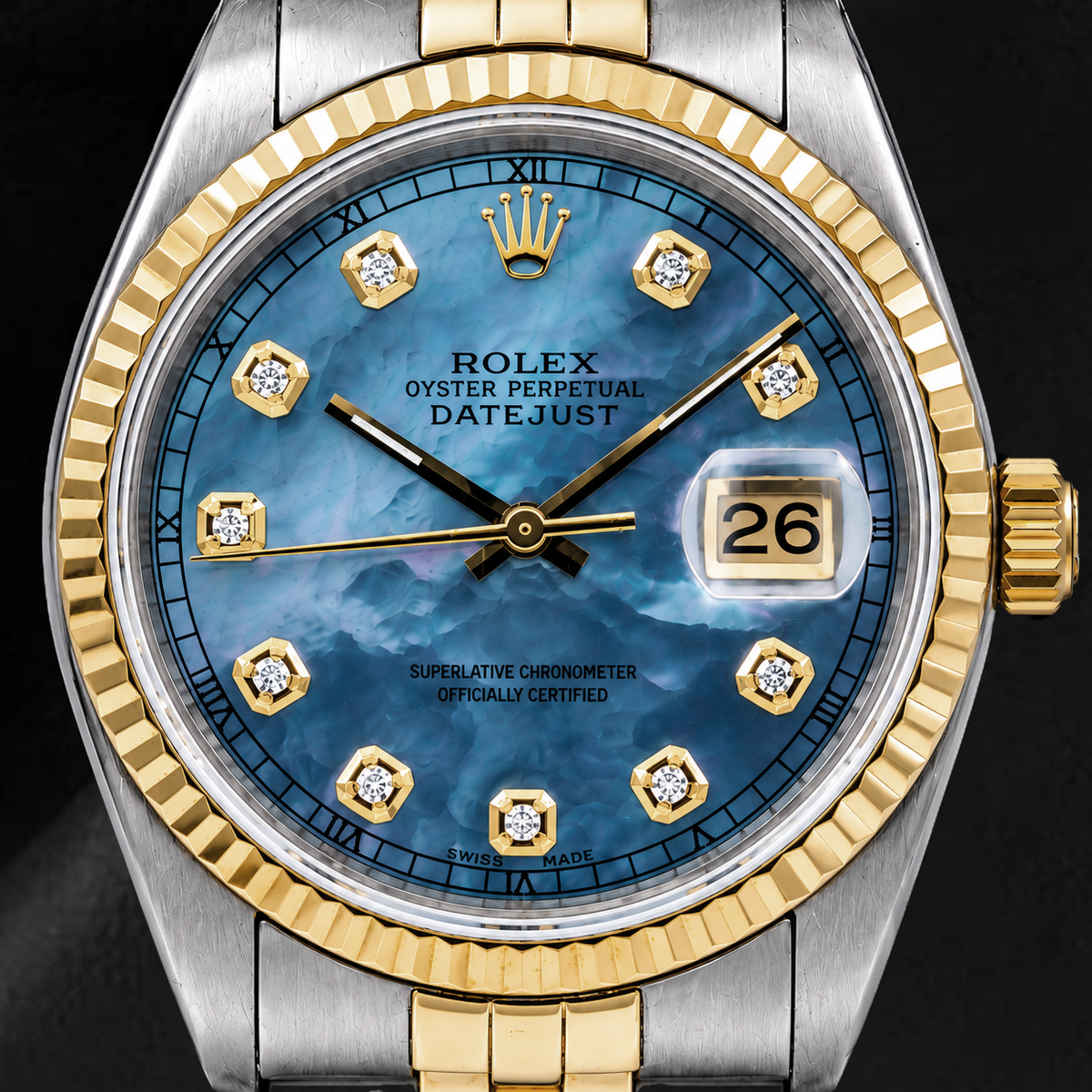 Rolex Datejust 36mm 16233 Blue Mother of Pearl Diamond Dial Two Tone Watch