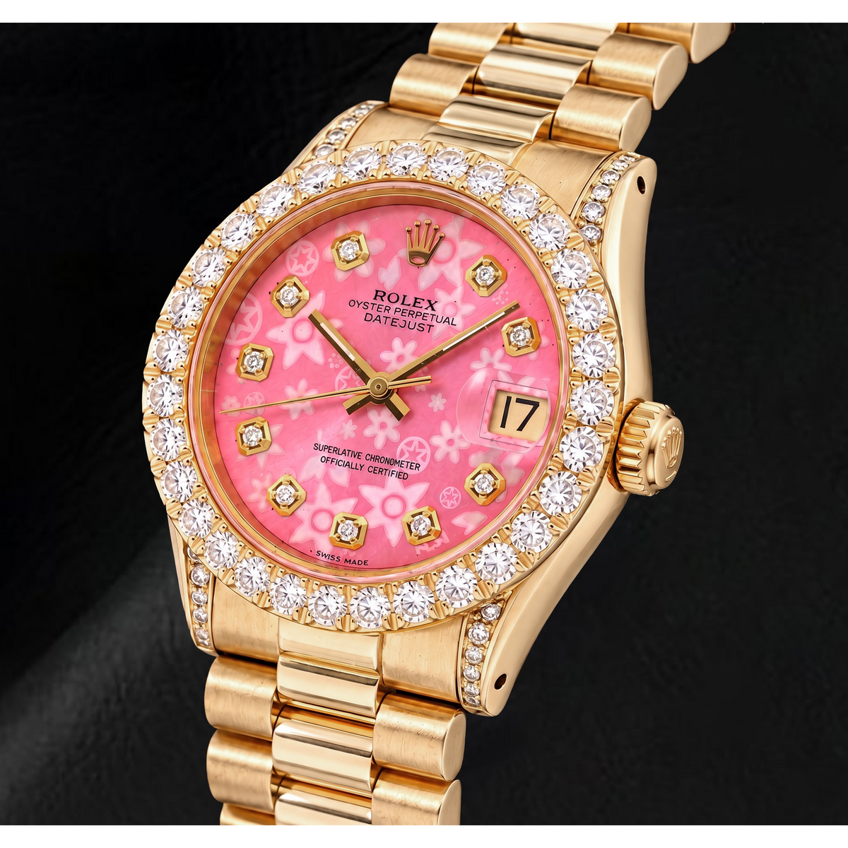 Rolex Datejust 68278 31mm Pink Floral Diamond Dial Yellow Gold Watch