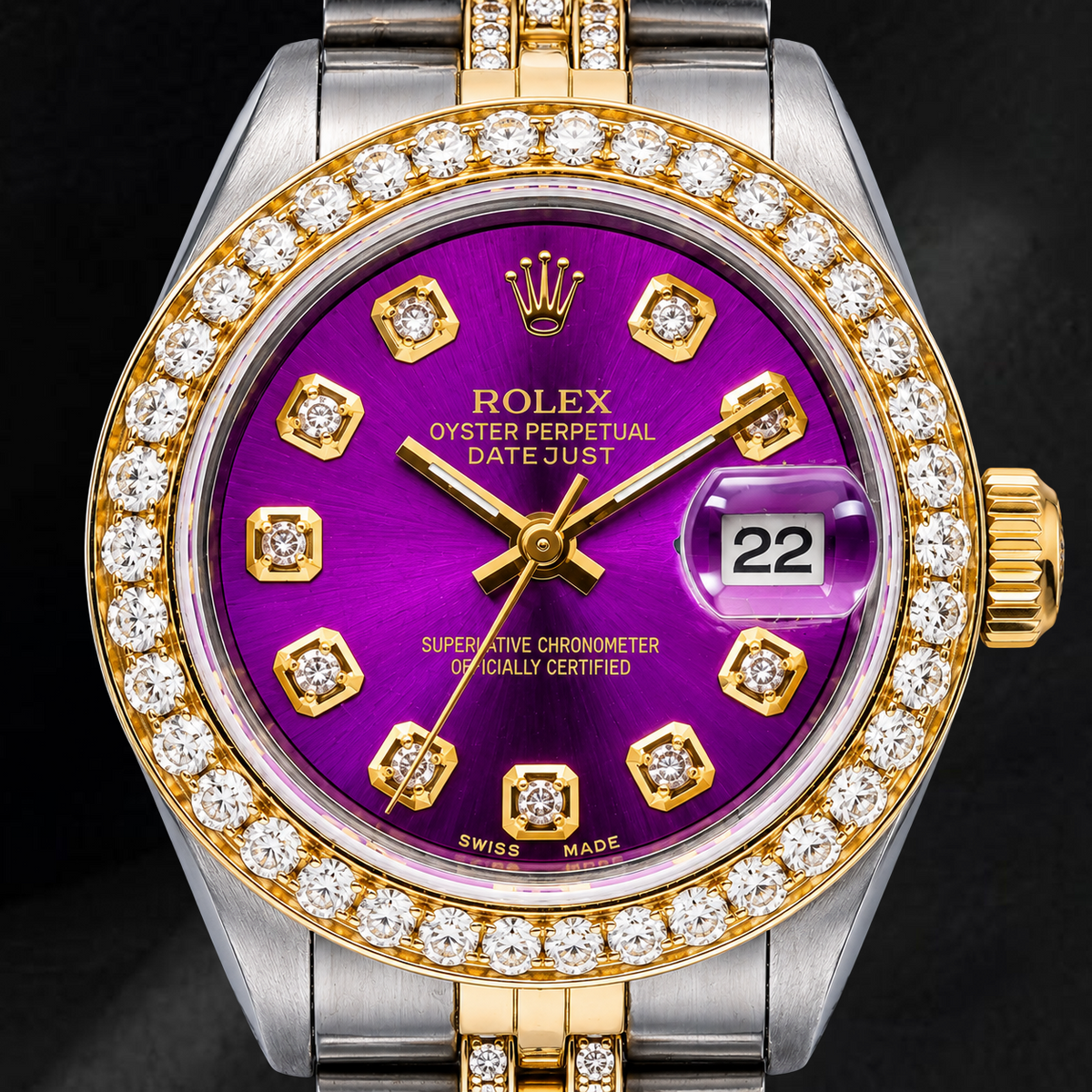 Rolex Datejust 6917 26mm Purple Diamond Dial Two Tone Semi Diamond Jubilee Bracelet Watch