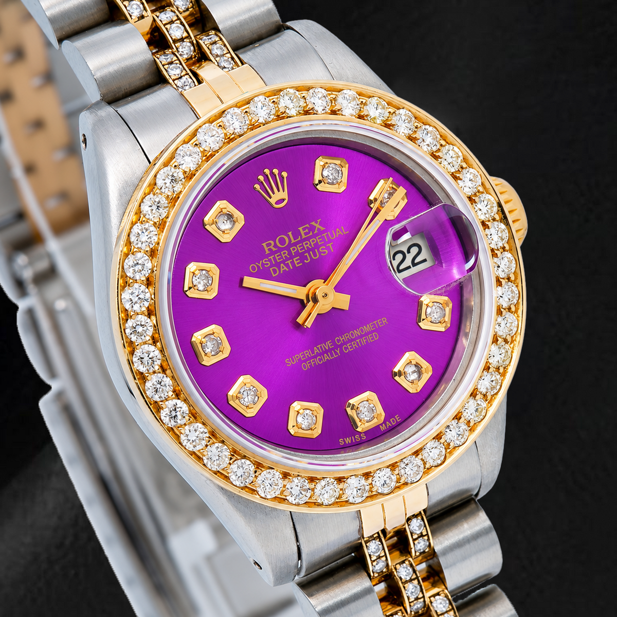 Rolex Datejust 6917 26mm Purple Diamond Dial Two Tone Semi Diamond Jubilee Bracelet Watch