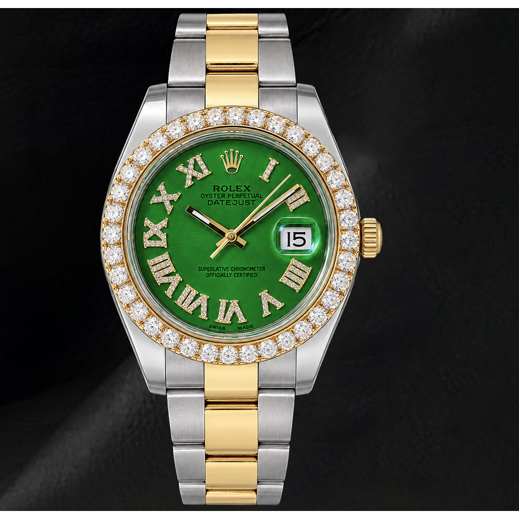 Rolex Datejust II 41mm 116333 Green Roman Diamond Dial Two Tone Watch