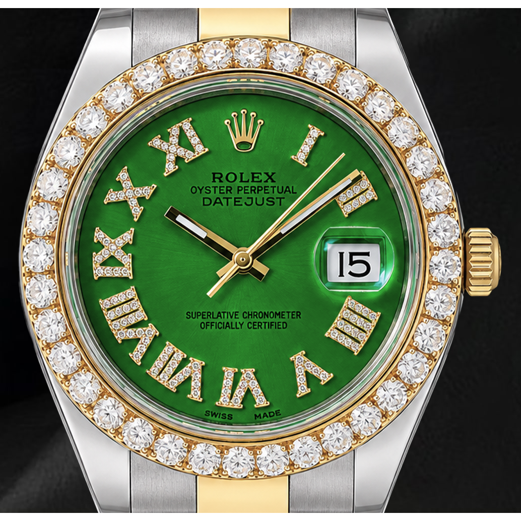 Rolex Datejust II 41mm 116333 Green Roman Diamond Dial Two Tone Watch