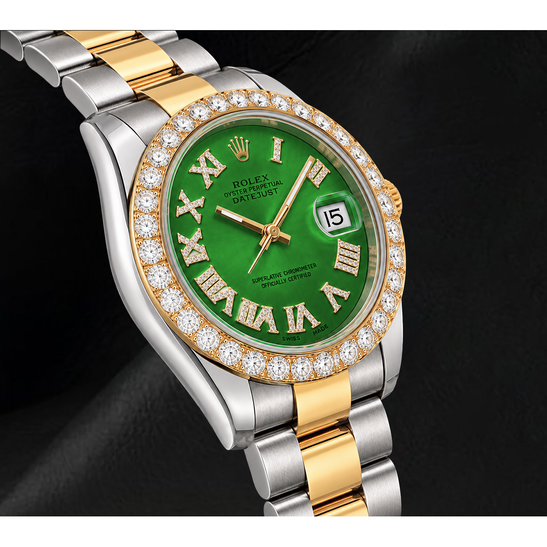 Rolex Datejust II 41mm 116333 Green Roman Diamond Dial Two Tone Watch