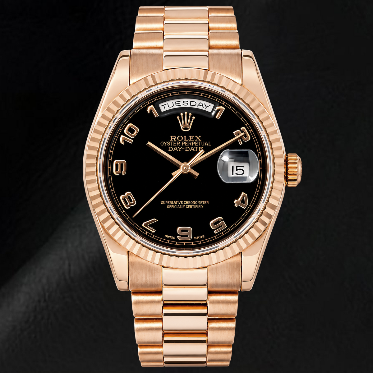 Rolex Day-Date 118235 36mm Black Arabic Dial Rose Gold Watch