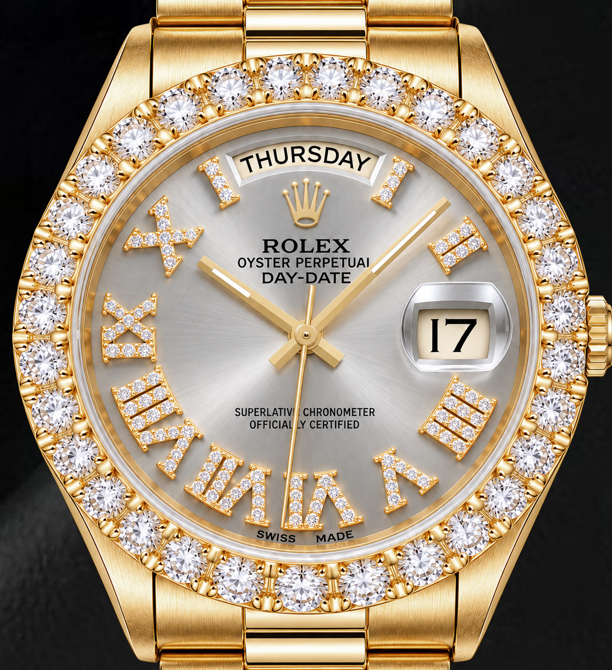 Rolex Day-Date 18038 36mm Silver Roman Diamond Dial Yellow Gold Watch