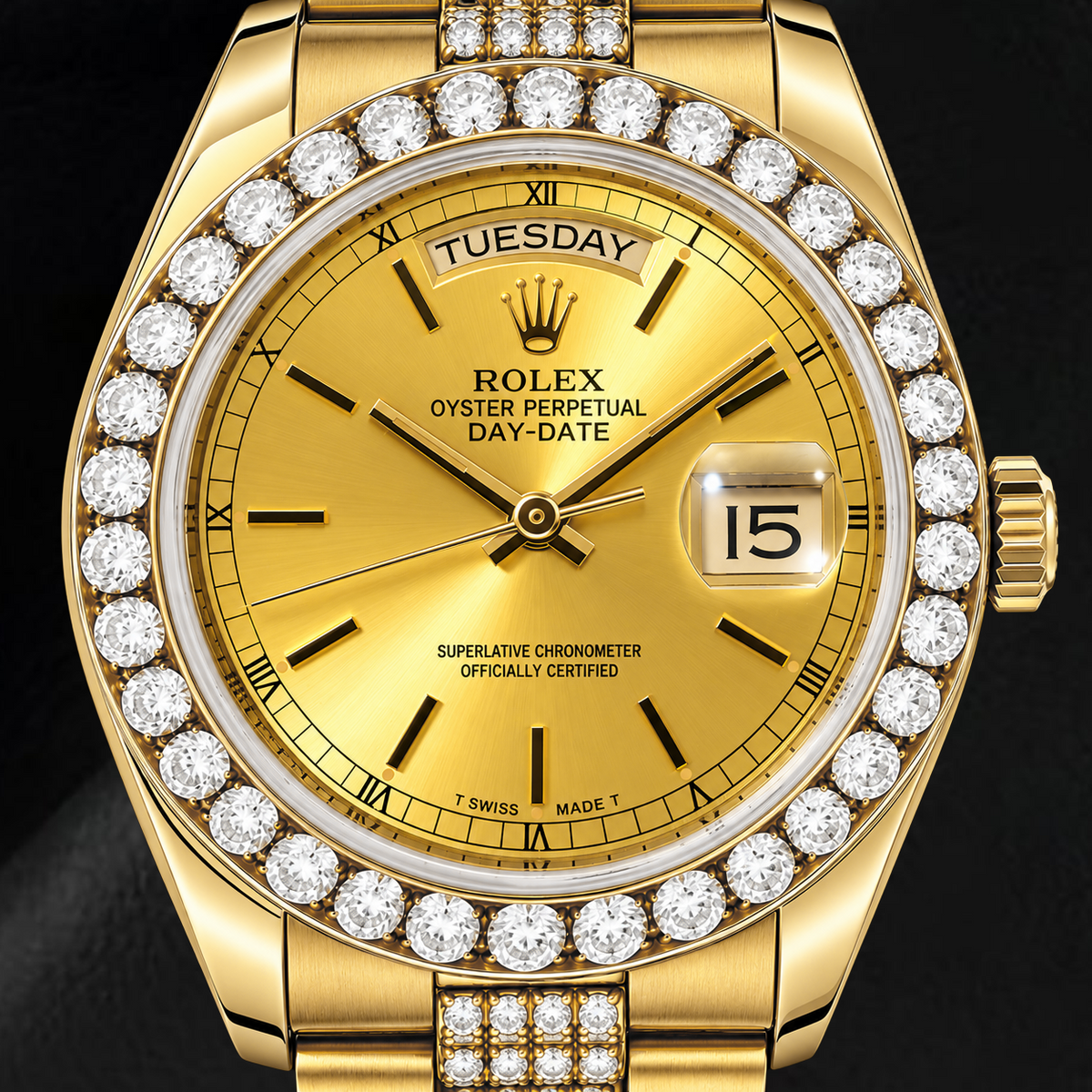 Rolex Day-Date 18078 36mm Champagne Stick Dial Yellow Gold Watch