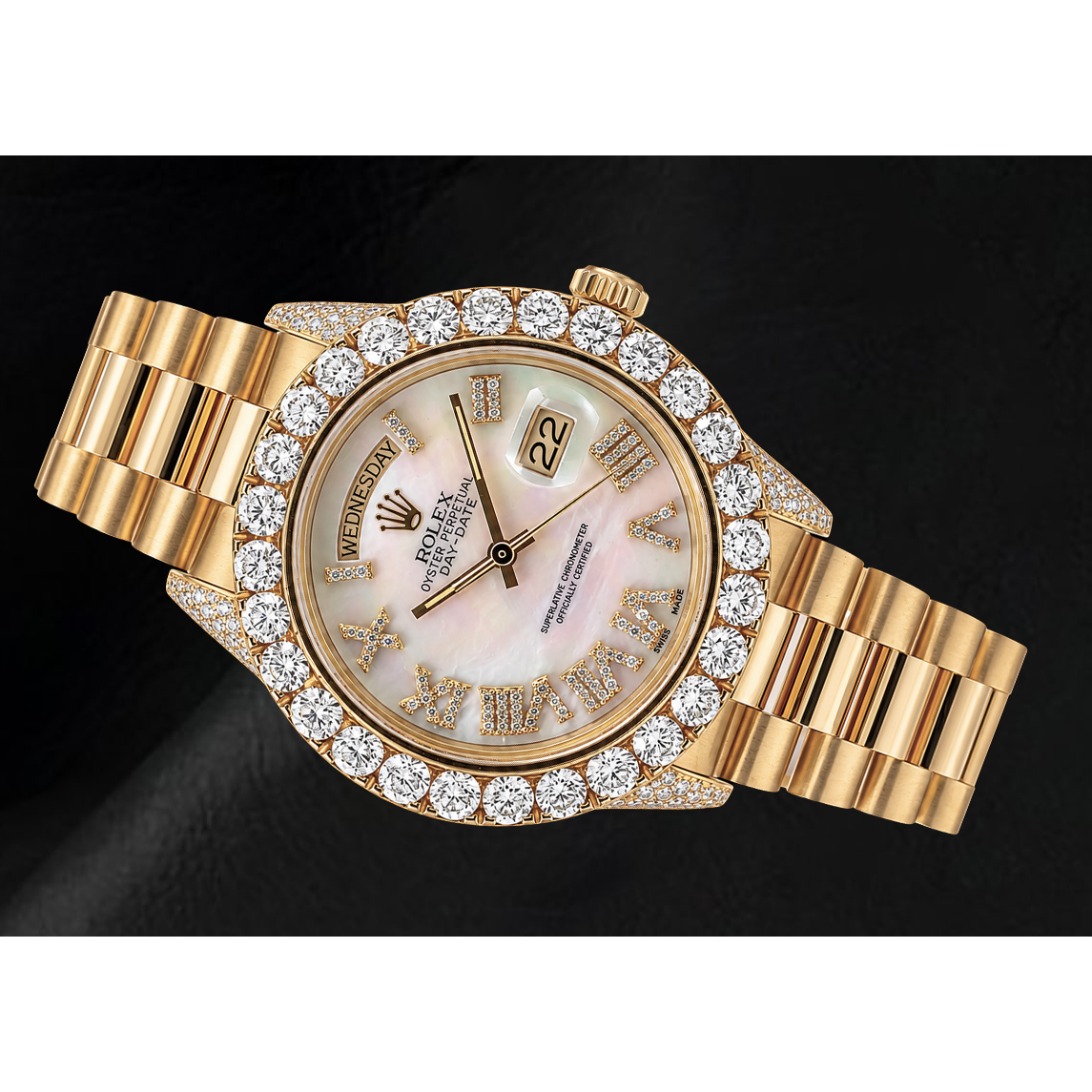 Rolex Day Date 36mm 1803 White Mother of Pearl Roman Diamond Dial Watch Yellow Gold