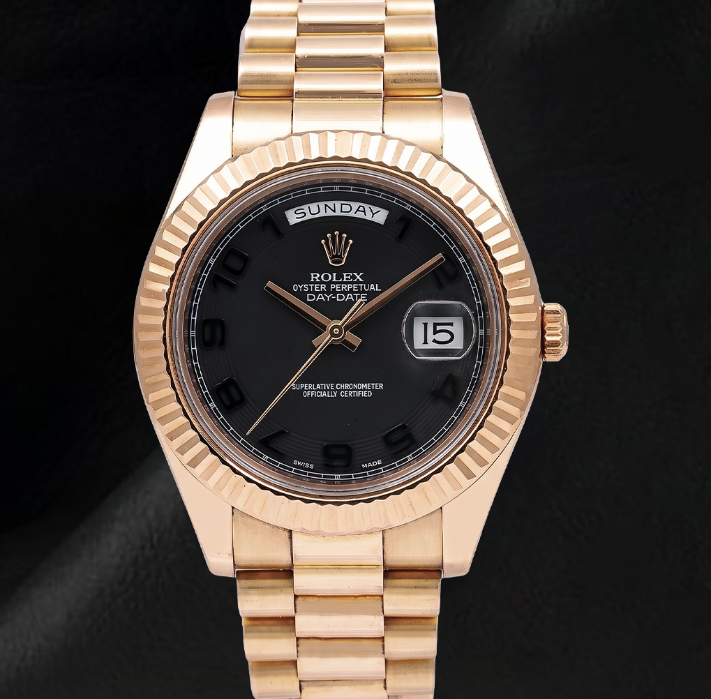 Rolex Day Date II 41mm 218235 Black Arabic Dial President Bracelet Rose Gold Watch