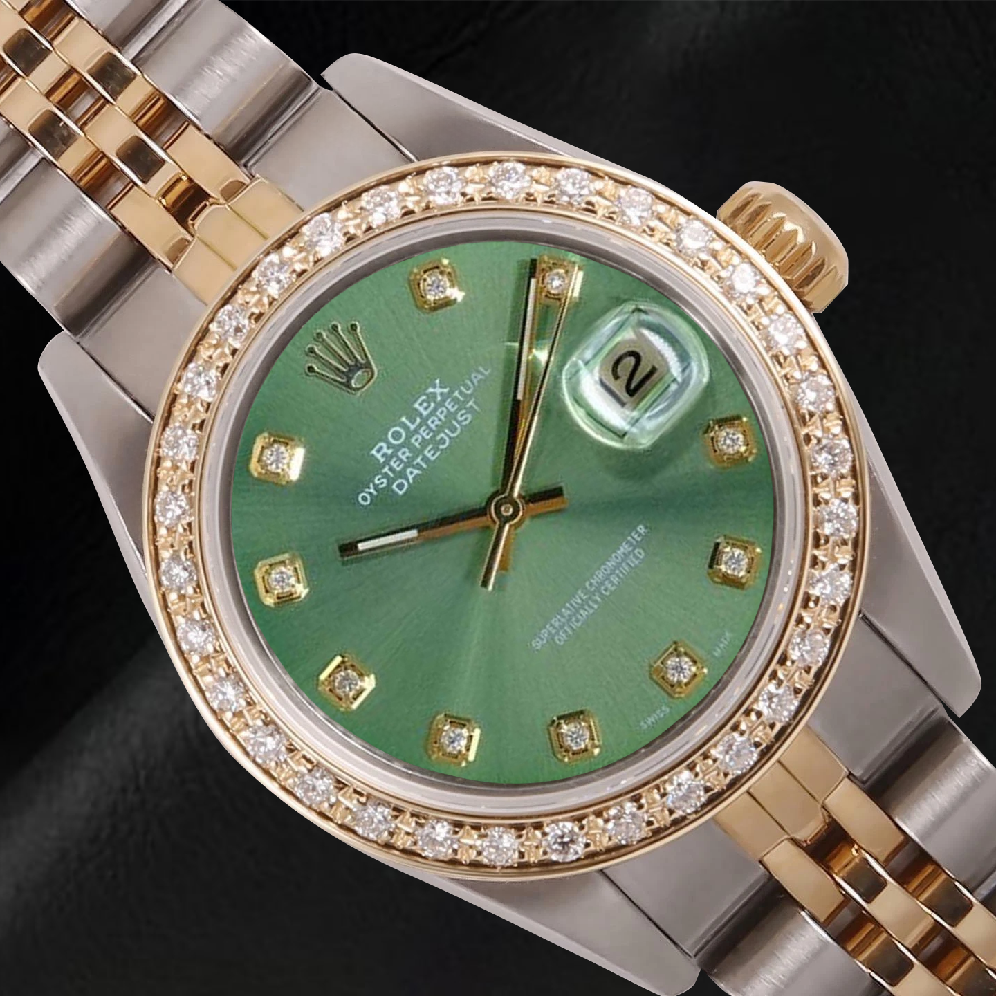Rolex Ladies Datejust 26 mm Olive Green Diamond Dial Two Tone