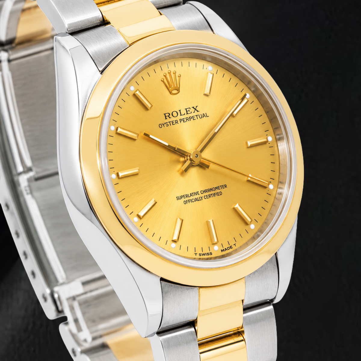 Rolex Oyster Perpetual 14203 34mm Champagne Stick Dial Two Tone Watch