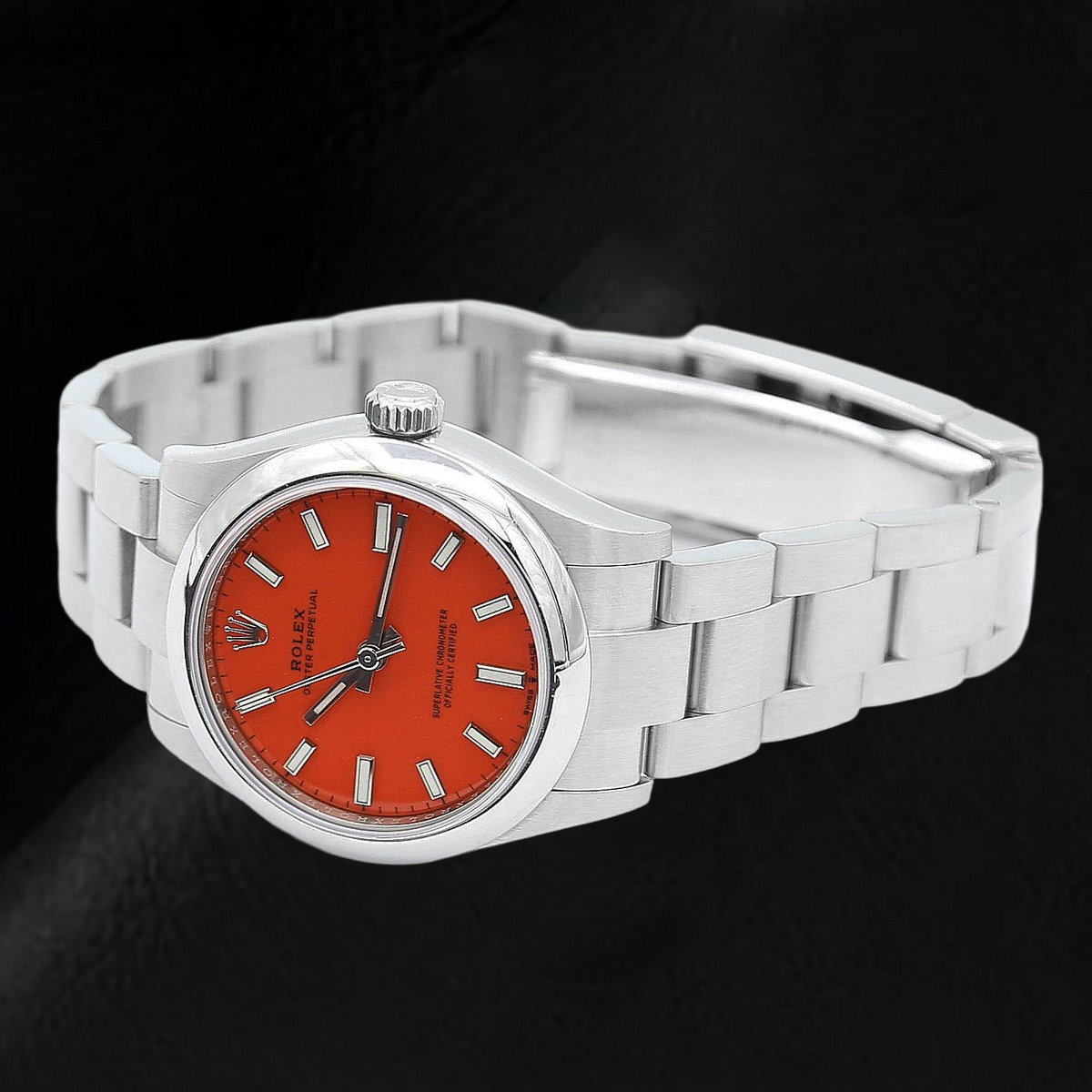 Rolex Oyster Perpetual 31mm Coral Red Luminous Dial Steel Men's Watch